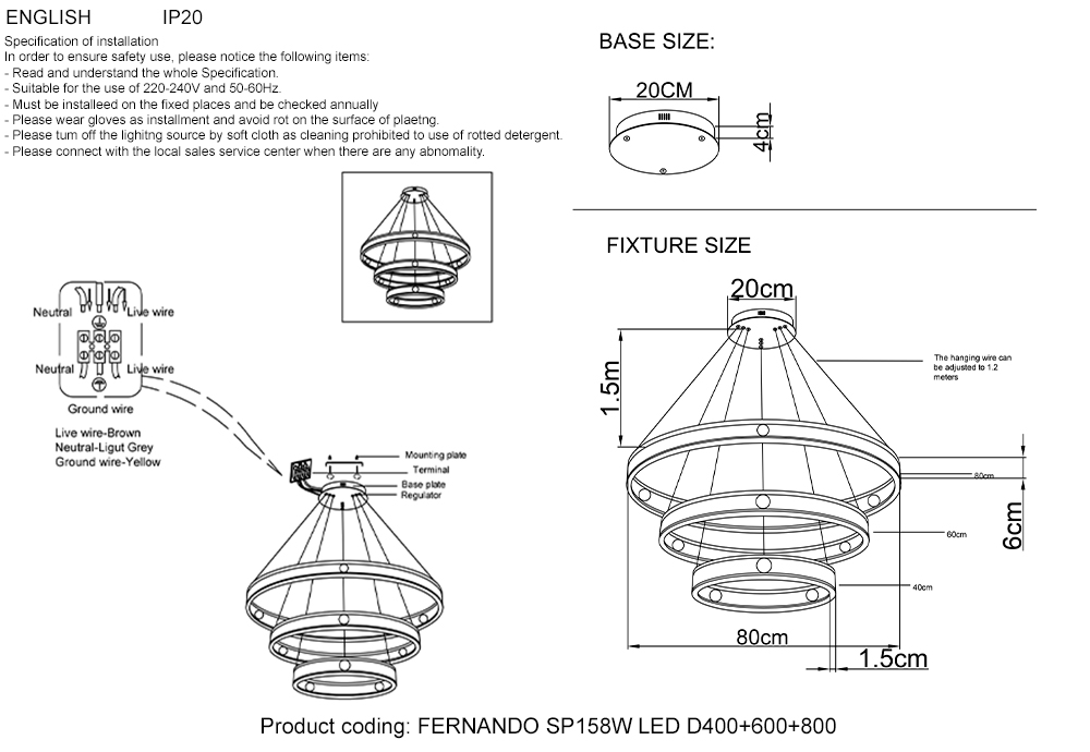 FERNANDO SP158W LED D400+600+800 BLACK/GOLD Crystal Lux