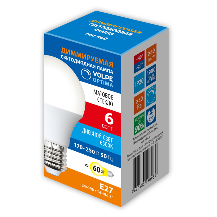 LED-A60-6W/6500K/E27/FR/DIM/SLS Volpe